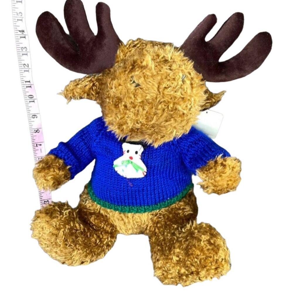 Vintage Reindeer Plush Moose Brown Curly Hair Blue Sweater 15” HugFun Toy TAGS